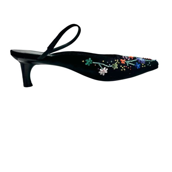 FERRAGAMO BLACK VELVET W MULTICOLOR FLORAL BEADED DESIGN KITTEN HEEL MULE - Picture 7 of 16